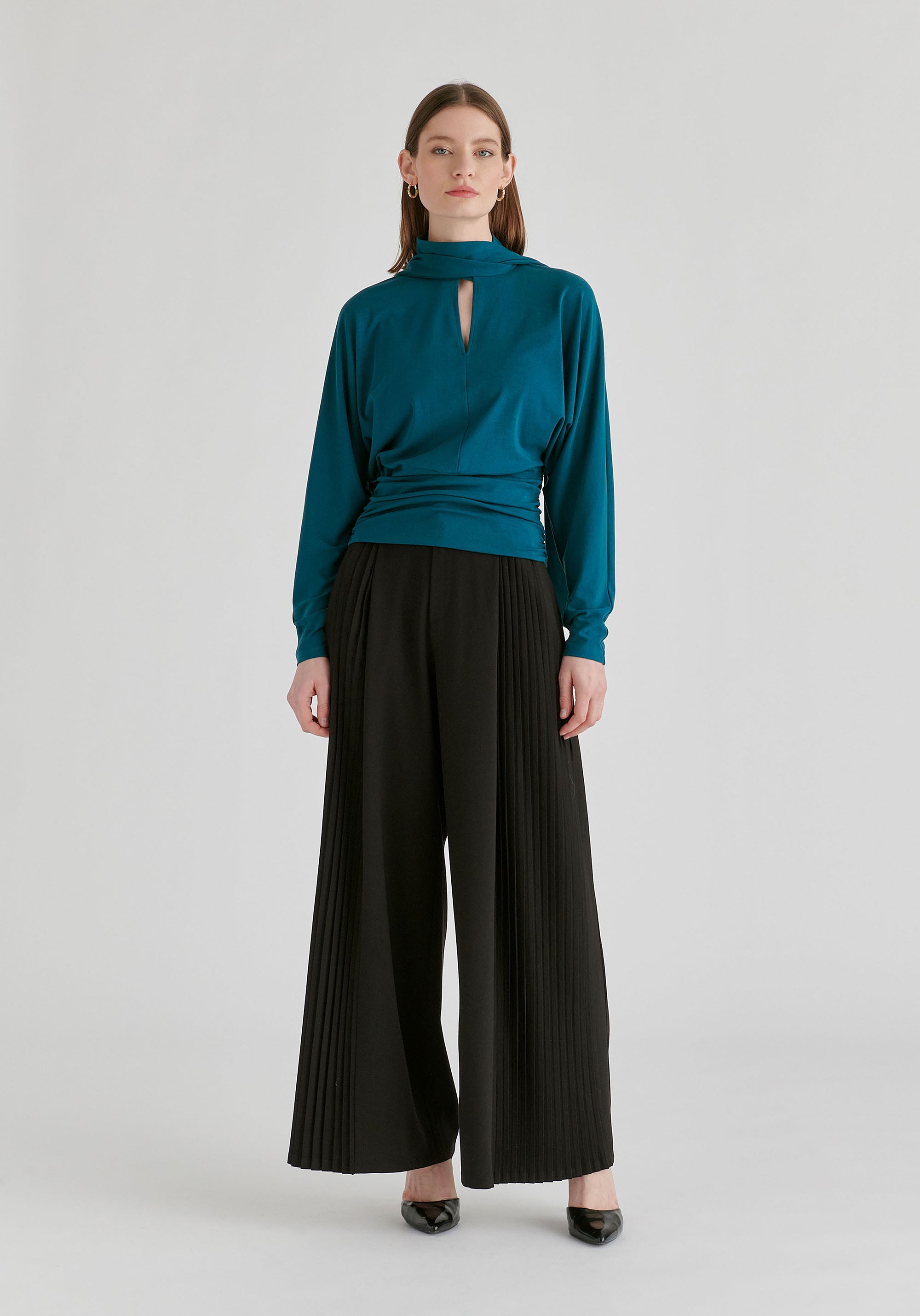 High Waisted Wide Leg Tailored Trousers with Pleated Side Panels