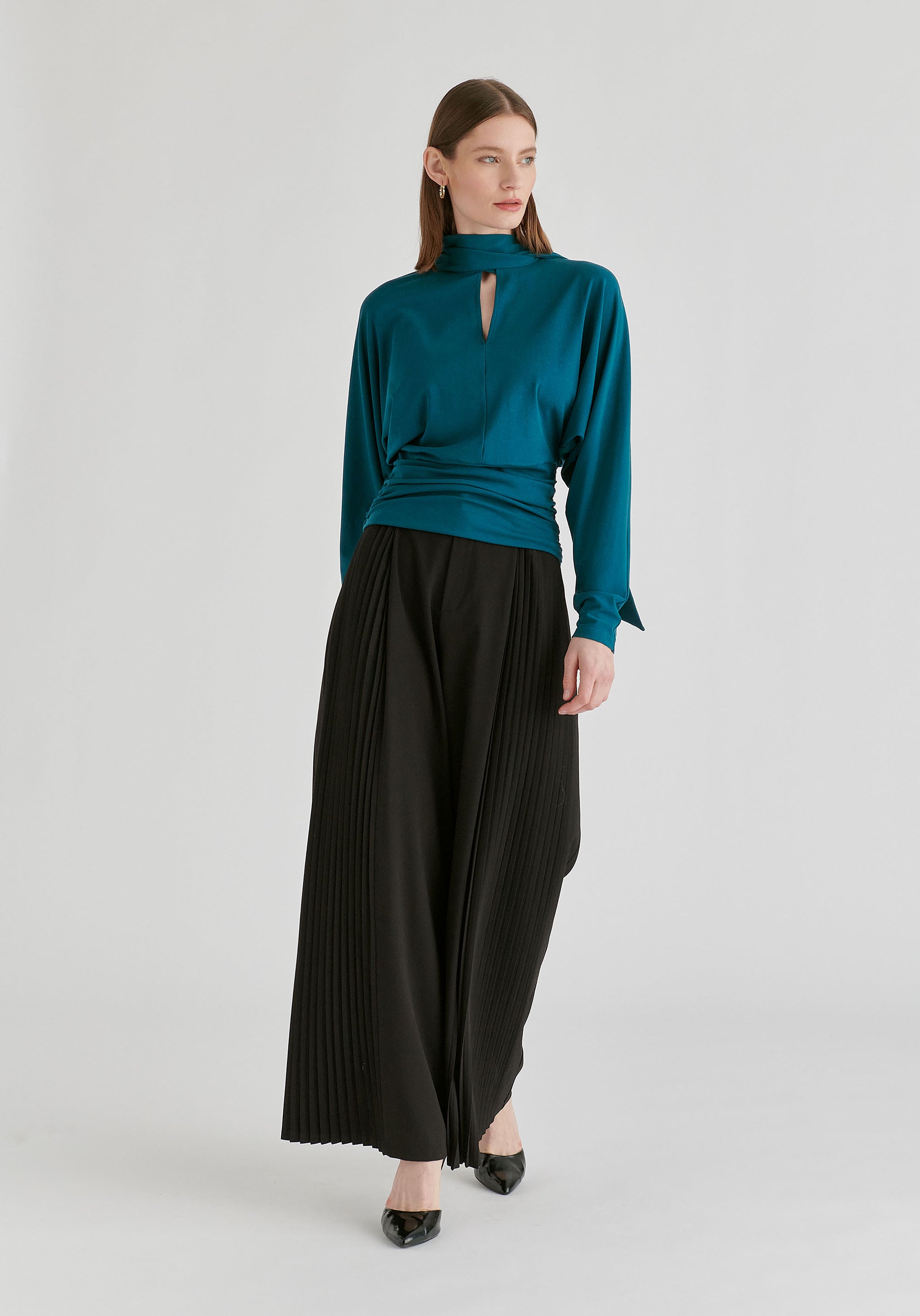 High Waisted Wide Leg Tailored Trousers with Pleated Side Panels