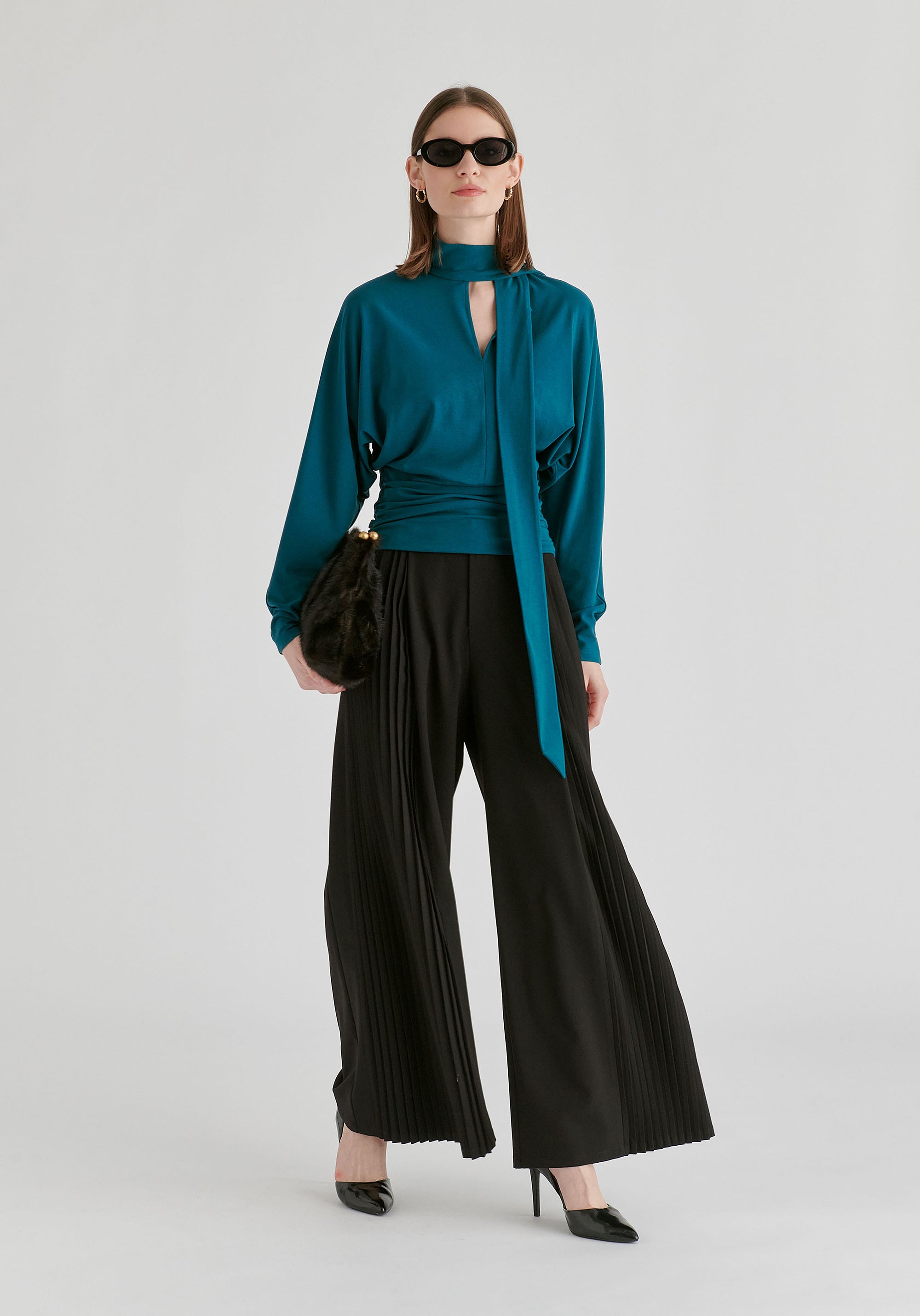 High Waisted Wide Leg Tailored Trousers with Pleated Side Panels