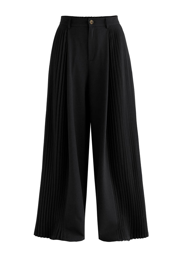 High Waisted Wide Leg Tailored Trousers with Pleated Side Panels