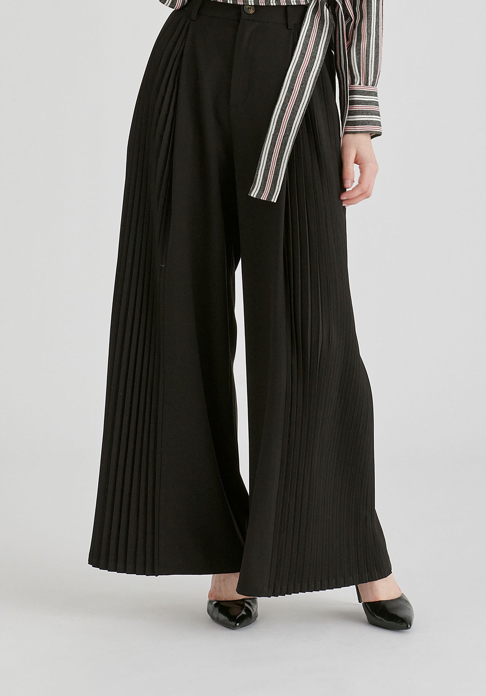 High Waisted Wide Leg Tailored Trousers with Pleated Side Panels