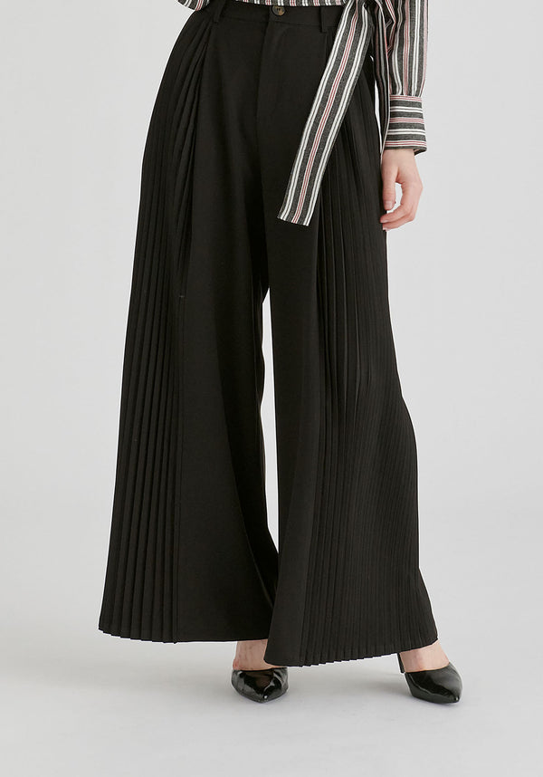 High Waisted Wide Leg Tailored Trousers with Pleated Side Panels