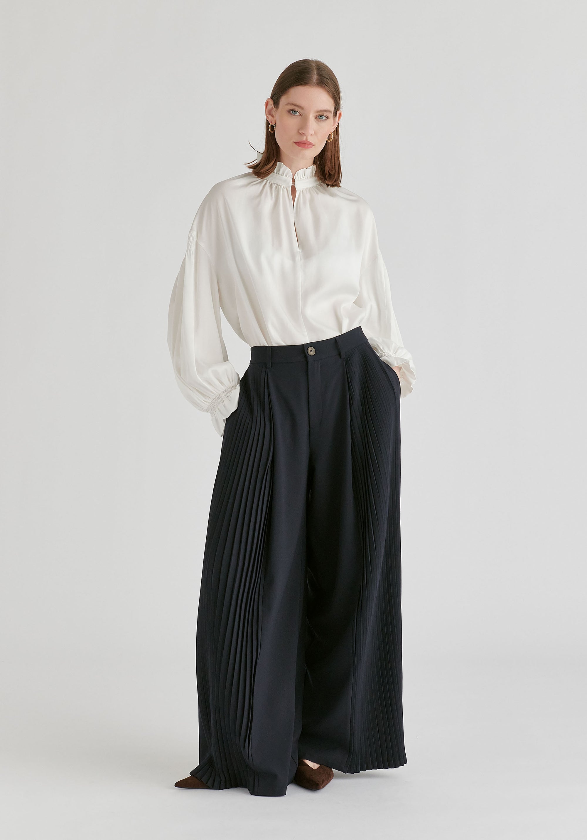 High Waisted Wide Leg Tailored Trousers with Pleated Side Panels