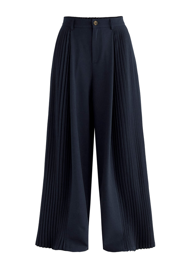 High Waisted Wide Leg Tailored Trousers with Pleated Side Panels