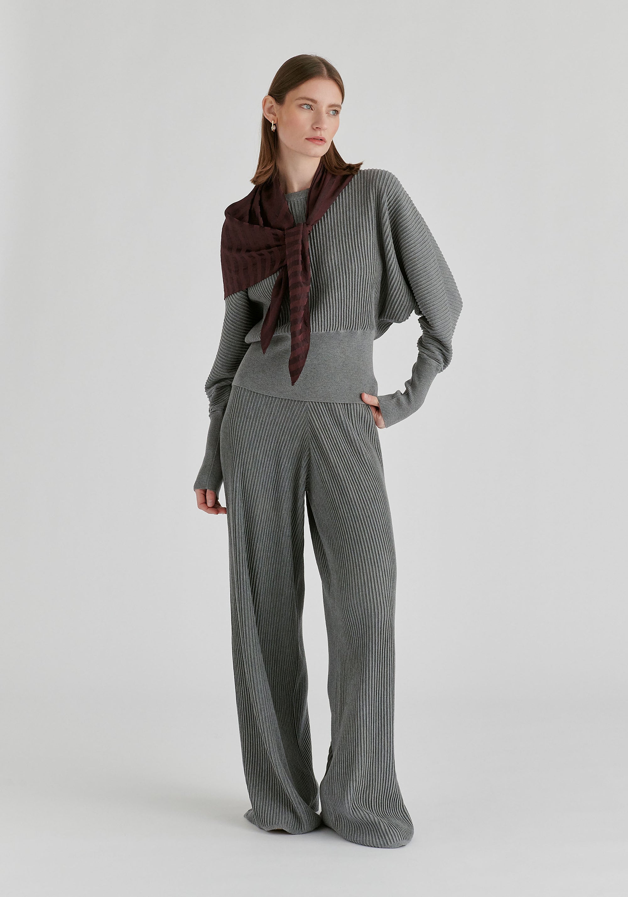 Striped Triangle Scarf in Wine Front