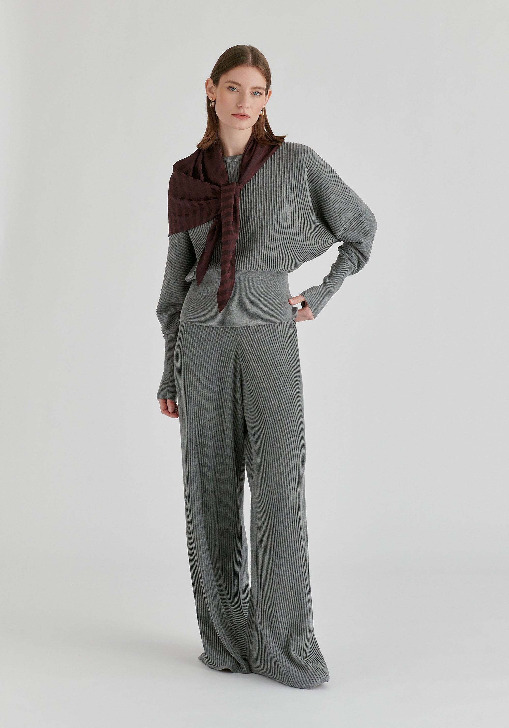 Striped Triangle Scarf in Wine Front