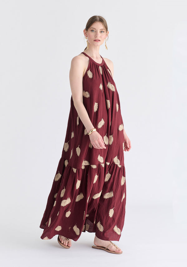 Leaf Embroidered Halterneck Maxi Dress in Burgundy Side