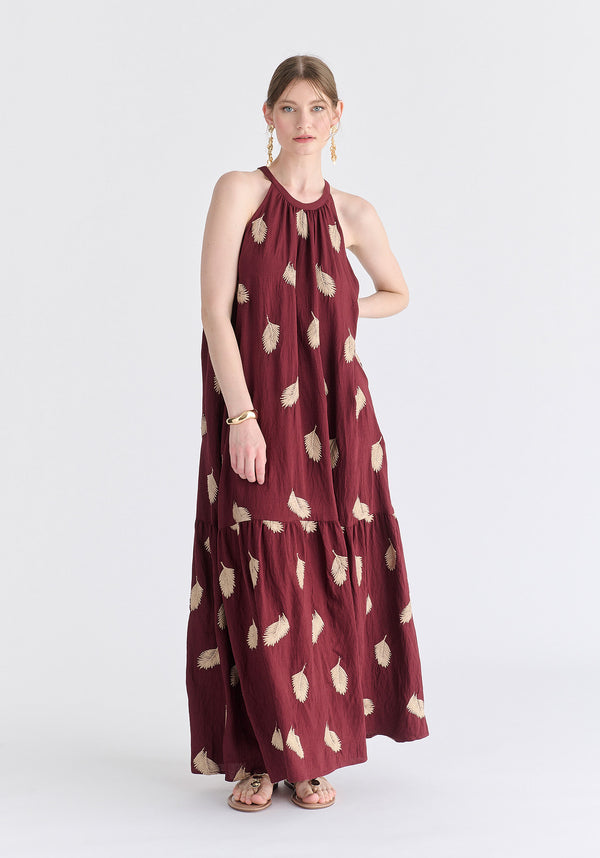 Leaf Embroidered Halterneck Maxi Dress in Burgundy Front