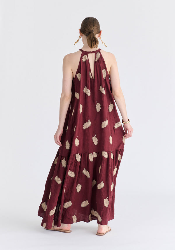 Leaf Embroidered Halterneck Maxi Dress in Burgundy Back