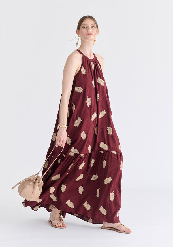 Leaf Embroidered Halterneck Maxi Dress in Burgundy Side