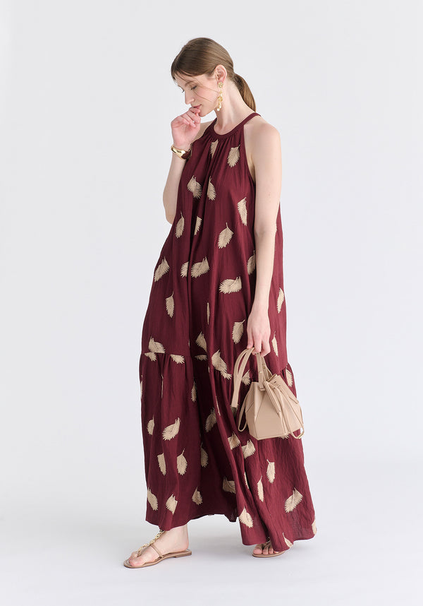 Leaf Embroidered Halterneck Maxi Dress in Burgundy Side
