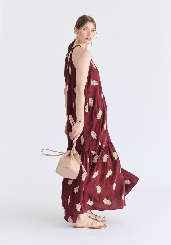 Leaf Embroidered Halterneck Maxi Dress in Burgundy Side