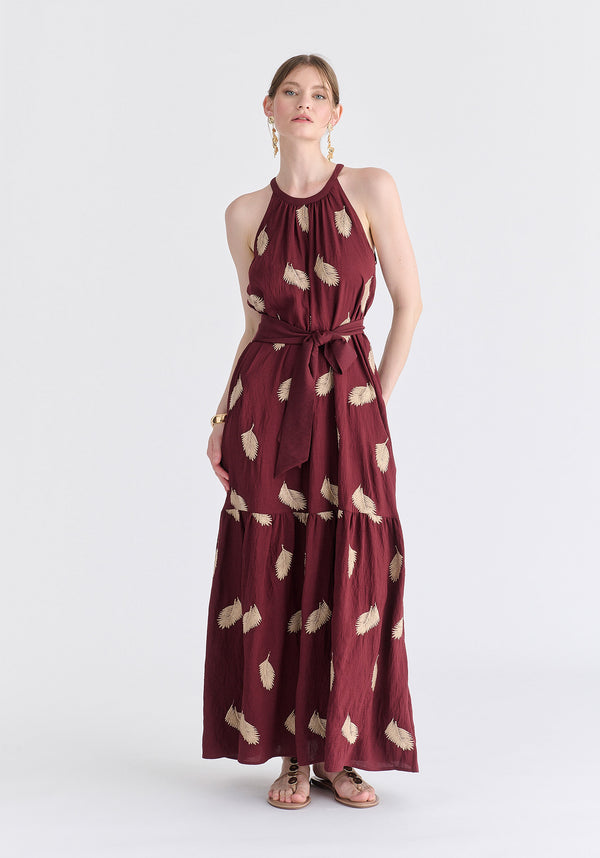 Leaf Embroidered Halterneck Maxi Dress in Burgundy Front