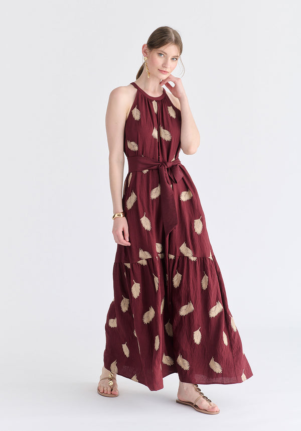 Leaf Embroidered Halterneck Maxi Dress in Burgundy Side