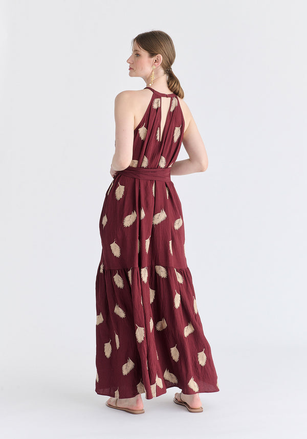 Leaf Embroidered Halterneck Maxi Dress in Burgundy Back