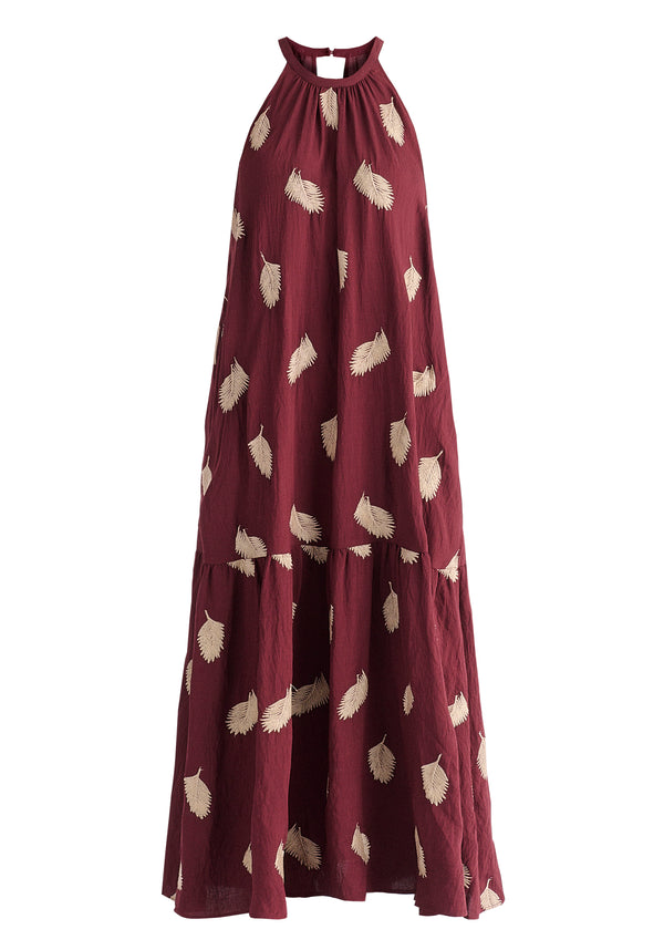 Leaf Embroidered Halterneck Maxi Dress