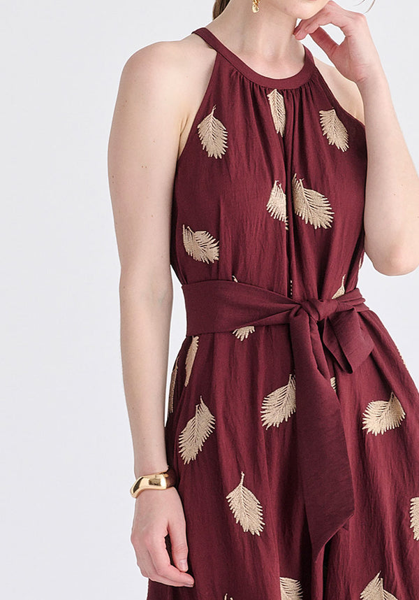 Leaf Embroidered Halterneck Maxi Dress in Burgundy Closeup
