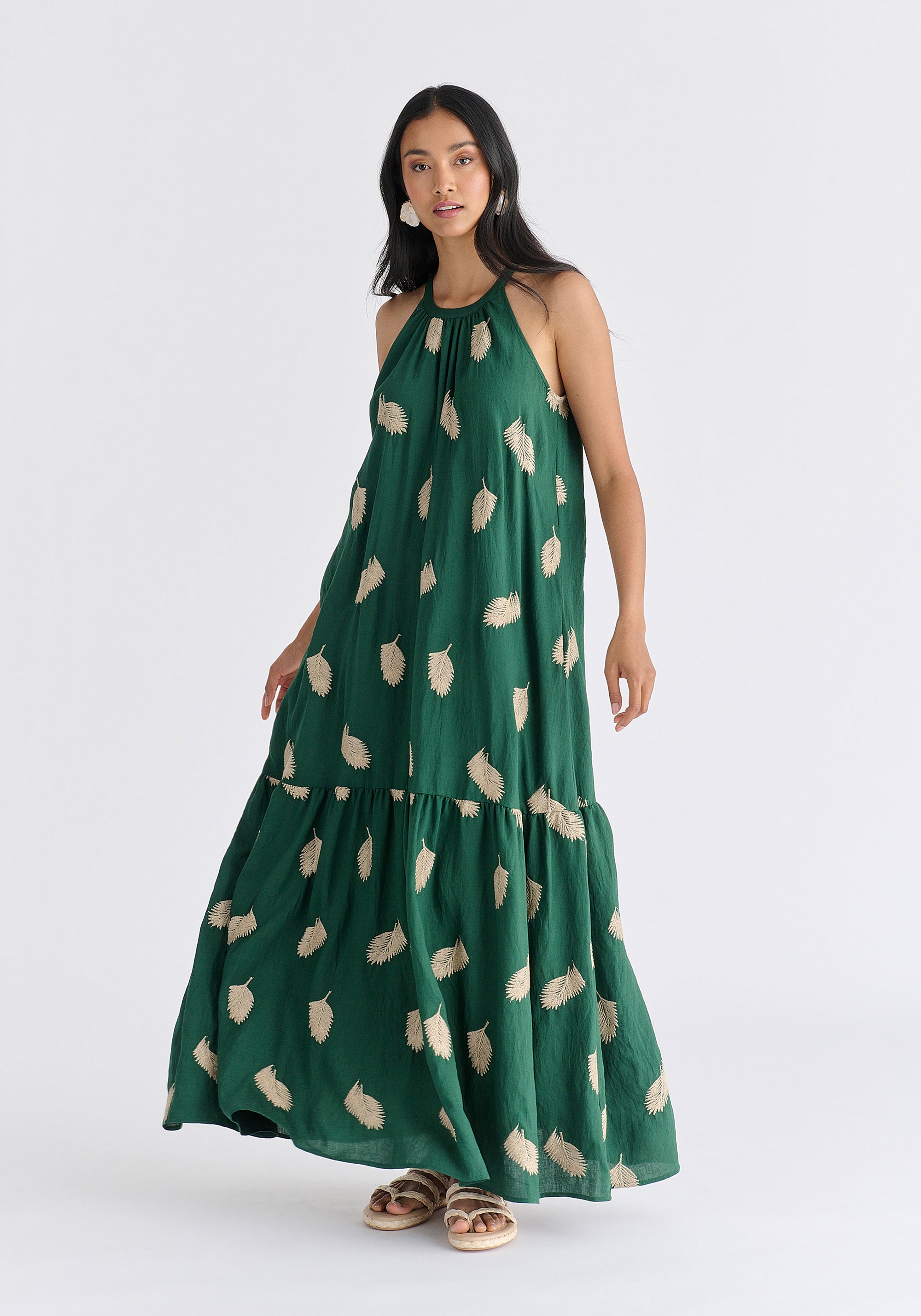 Leaf Embroidered Halterneck Maxi Dress in Green Front