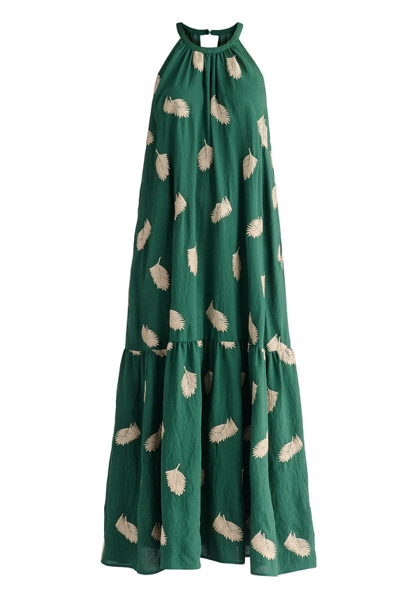 Leaf Embroidered Halterneck Maxi Dress