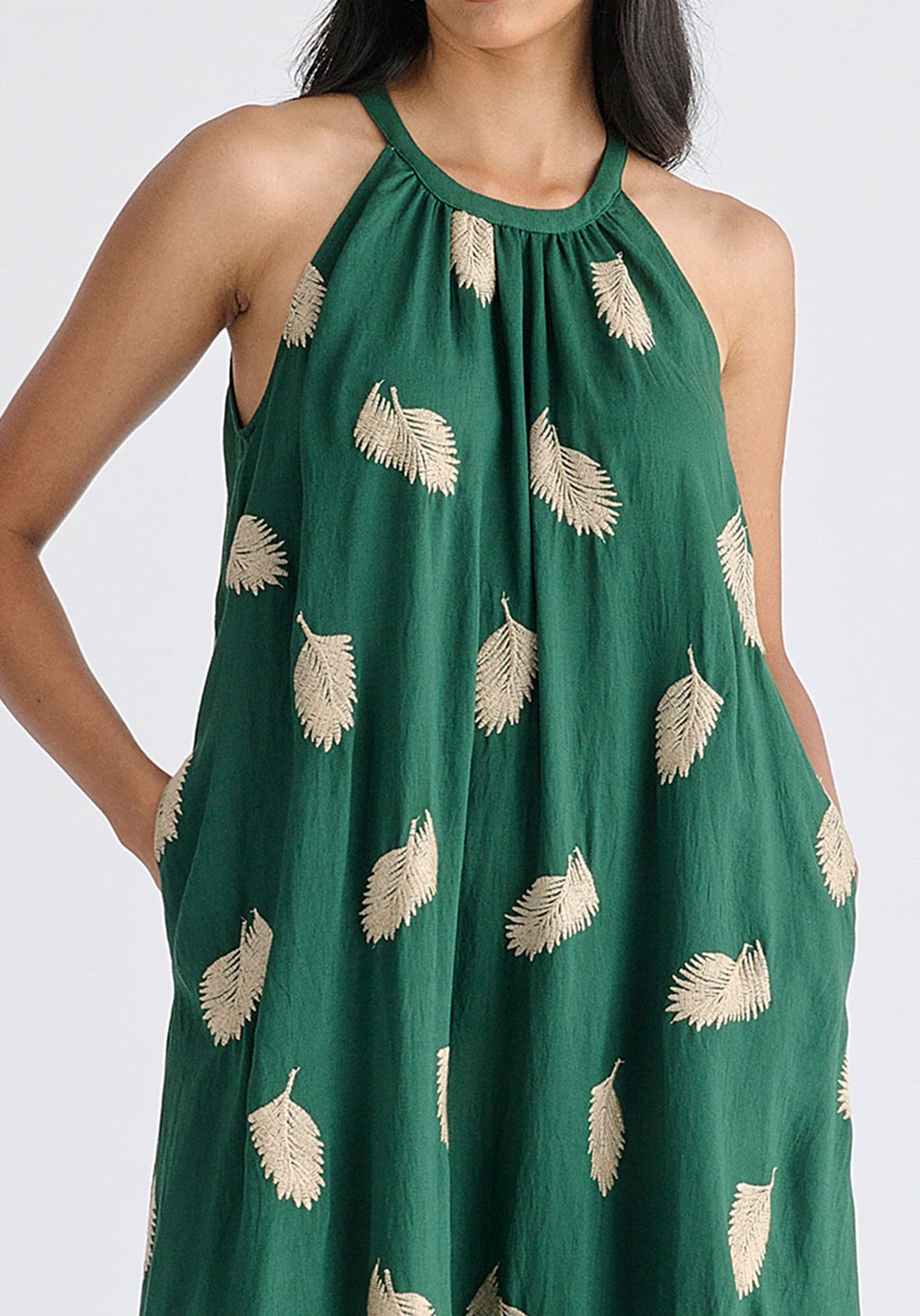 Leaf Embroidered Halterneck Maxi Dress in Green Closeup