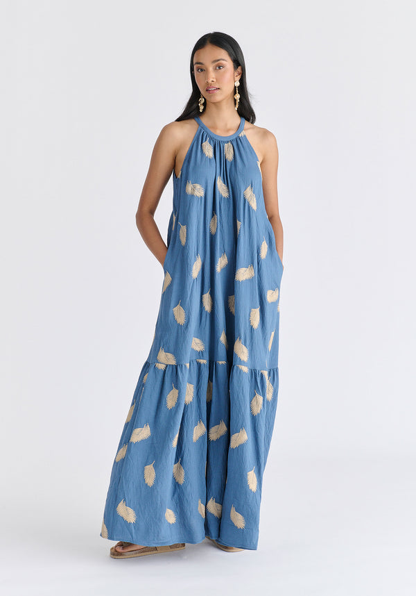 Leaf Embroidered Halterneck Maxi Dress in Blue Front