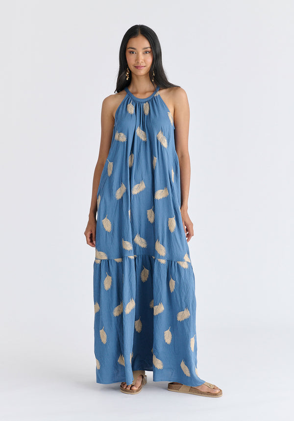 Leaf Embroidered Halterneck Maxi Dress in Blue Front