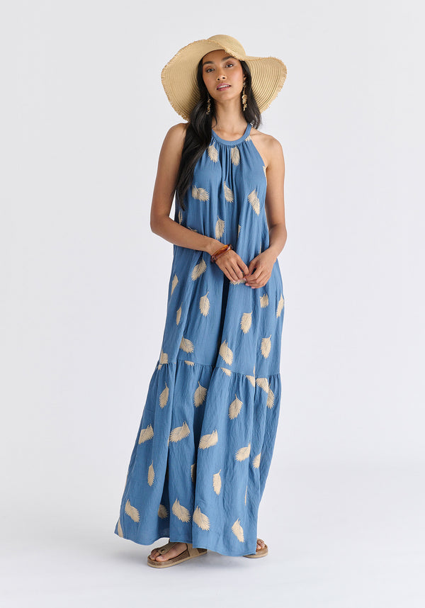Leaf Embroidered Halterneck Maxi Dress in Blue Front