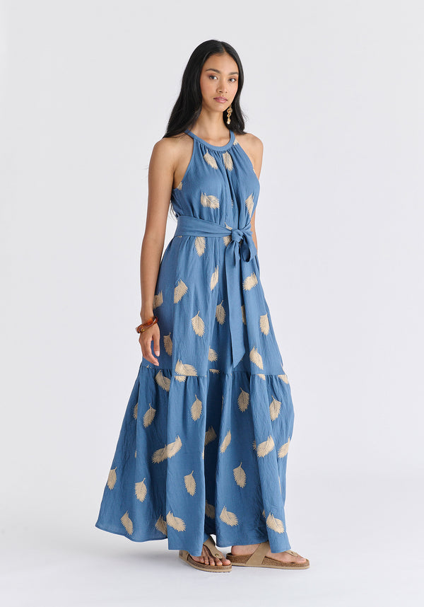 Leaf Embroidered Halterneck Maxi Dress in Blue Front