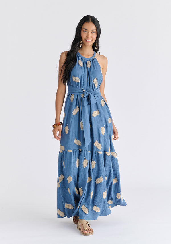 Leaf Embroidered Halterneck Maxi Dress in Blue Front