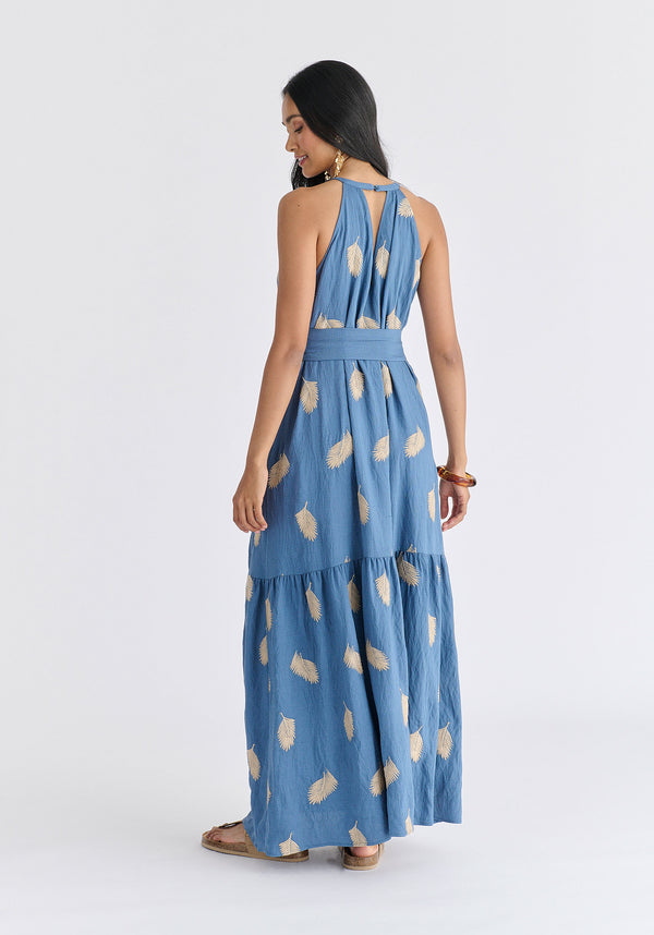 Leaf Embroidered Halterneck Maxi Dress in Blue Back