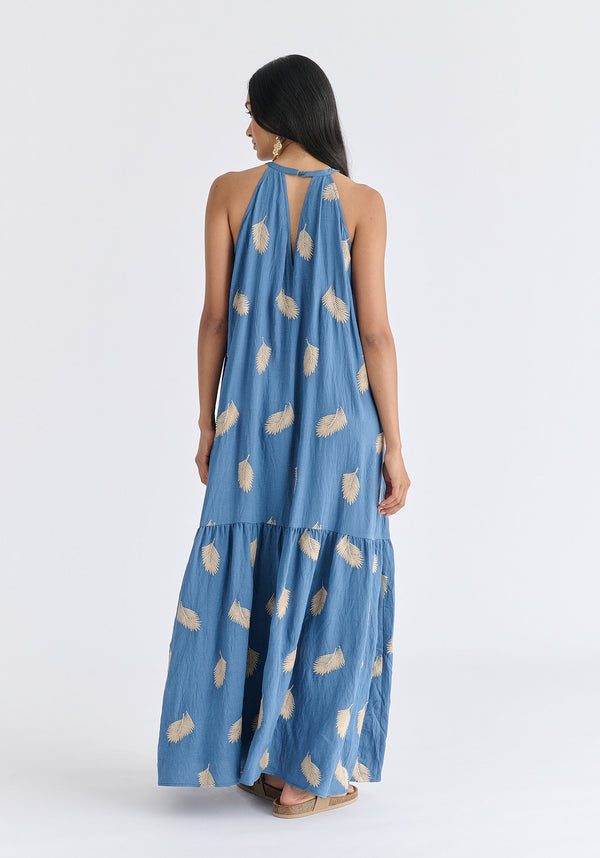 Leaf Embroidered Halterneck Maxi Dress in Blue Back