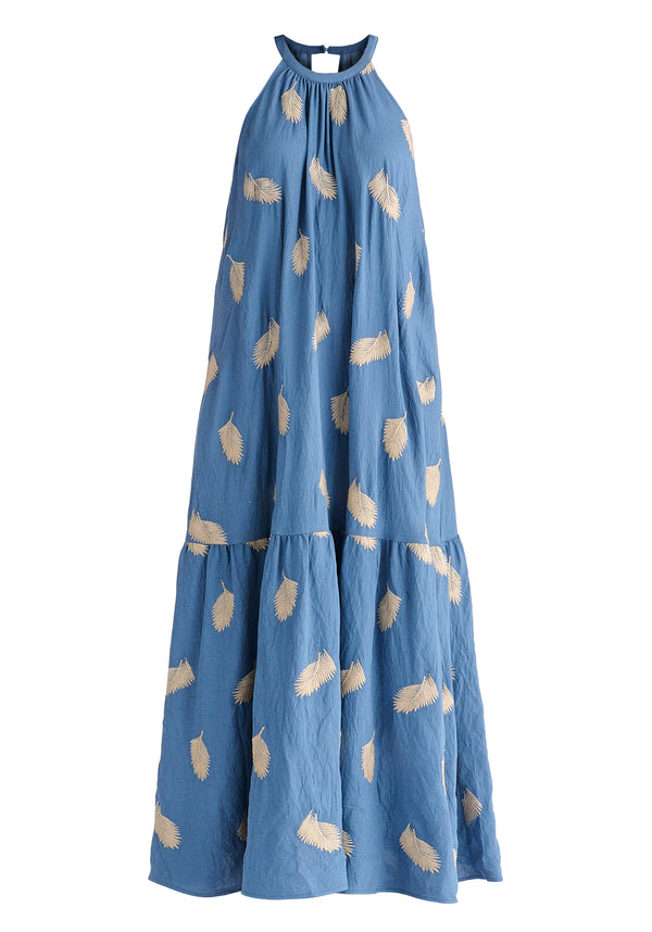 Leaf Embroidered Halterneck Maxi Dress