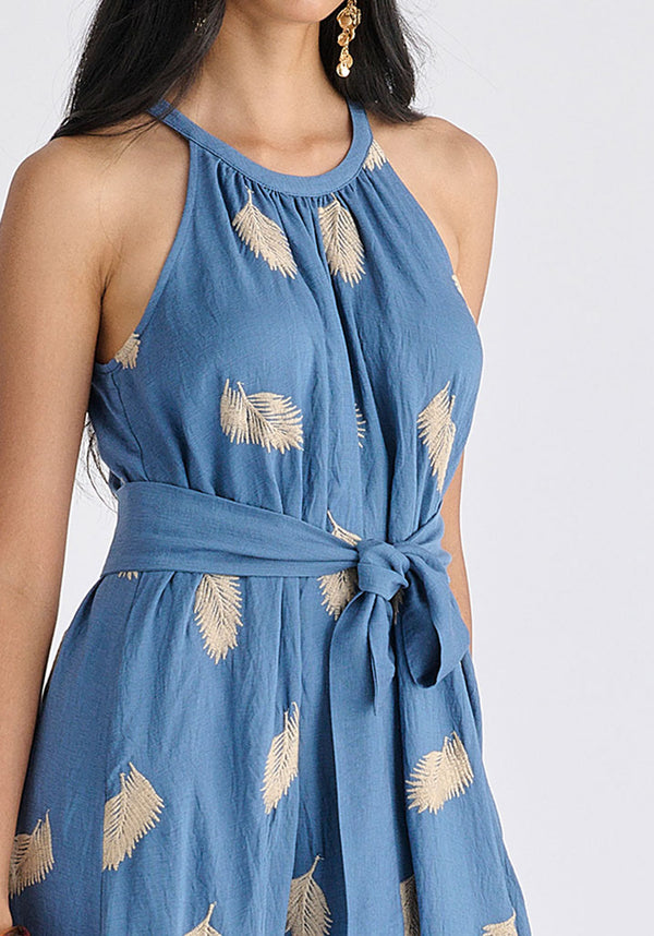 Leaf Embroidered Halterneck Maxi Dress in Blue Closeup