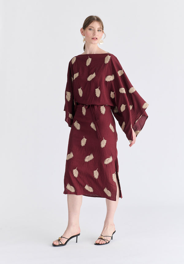Leaf Embroidered Kimono Sleeves Midi Dress in Burgundy Front