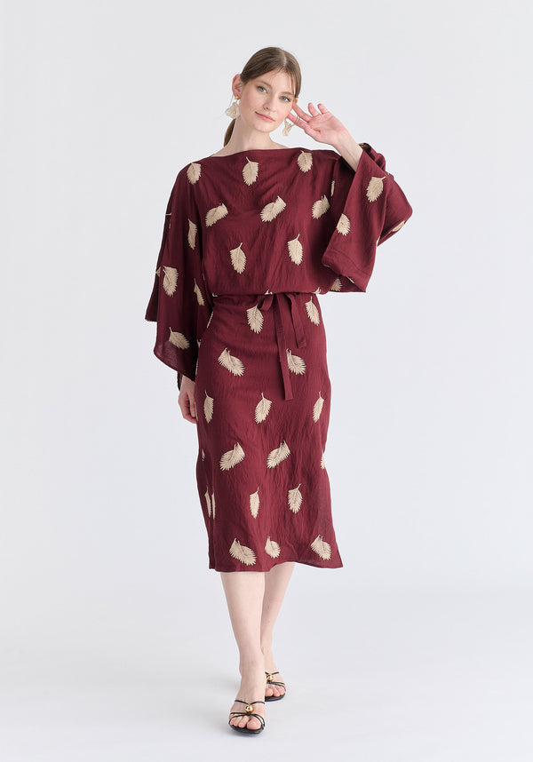 Leaf Embroidered Kimono Sleeves Midi Dress in Burgundy Front