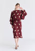 Leaf Embroidered Kimono Sleeves Midi Dress in Burgundy Front