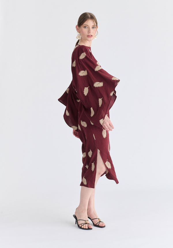 Leaf Embroidered Kimono Sleeves Midi Dress in Burgundy Side