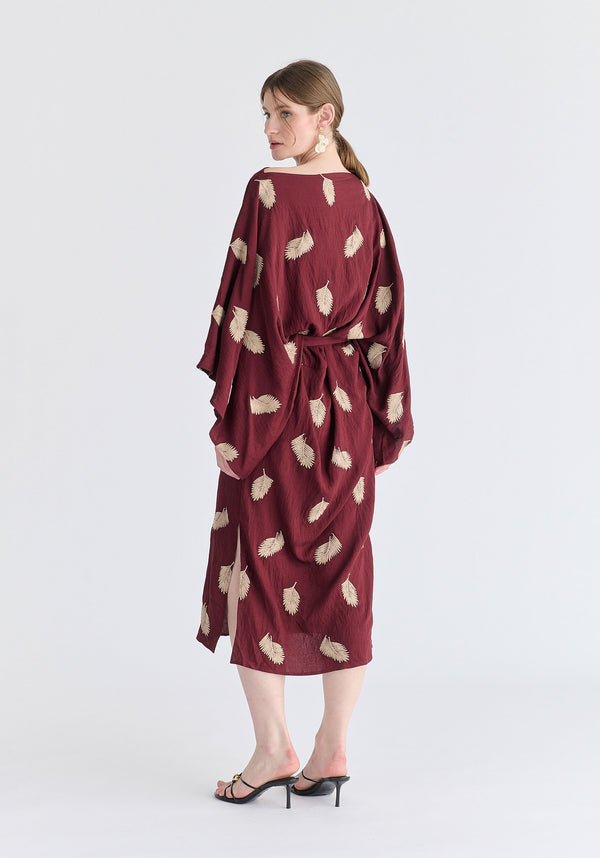 Leaf Embroidered Kimono Sleeves Midi Dress in Burgundy Back