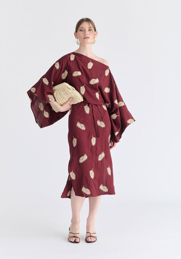 Leaf Embroidered Kimono Sleeves Midi Dress in Burgundy Front