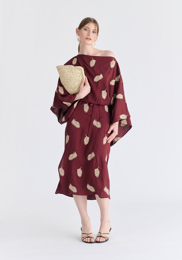 Leaf Embroidered Kimono Sleeves Midi Dress in Burgundy Front