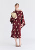 Leaf Embroidered Kimono Sleeves Midi Dress in Burgundy Front