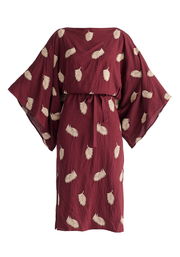 Leaf Embroidered Kimono Sleeves Midi Dress in Burgundy Cutout