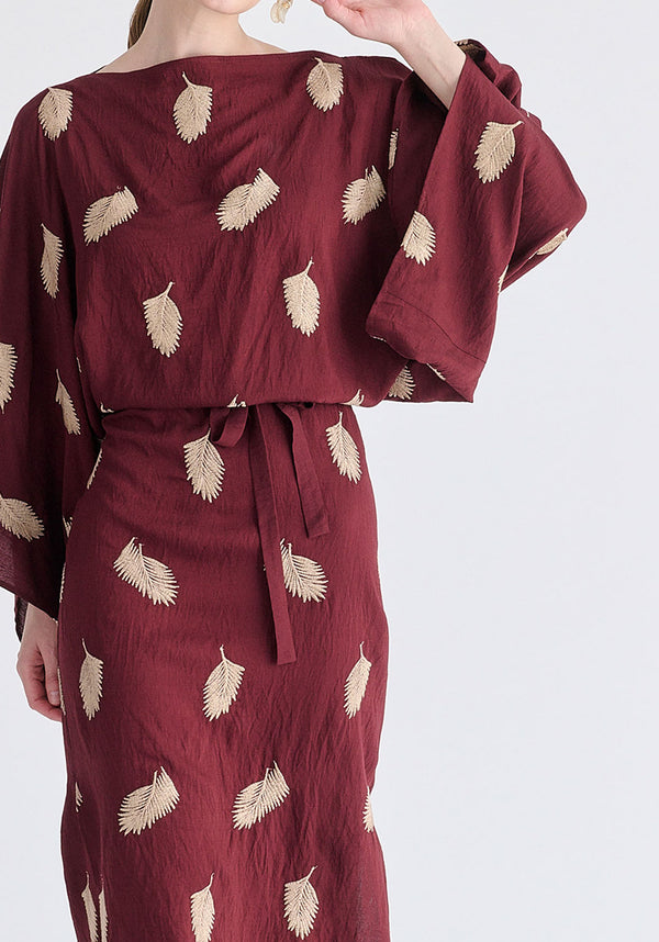 Leaf Embroidered Kimono Sleeves Midi Dress in Burgundy Closeup