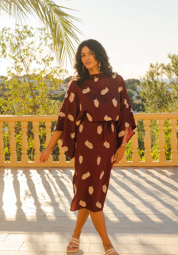 Leaf Embroidered Kimono Sleeves Midi Dress