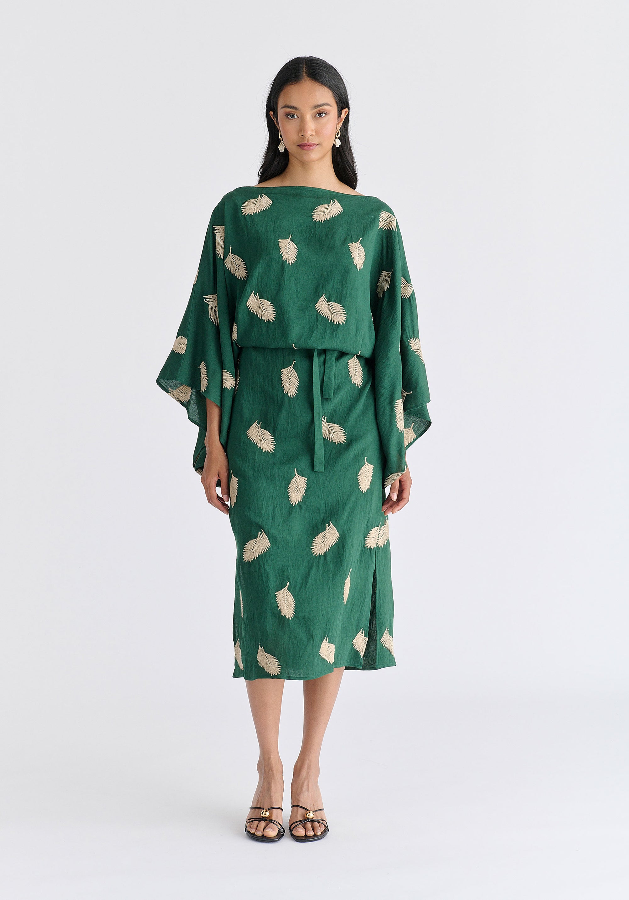 Leaf Embroidered Kimono Sleeves Midi Dress in Green Front