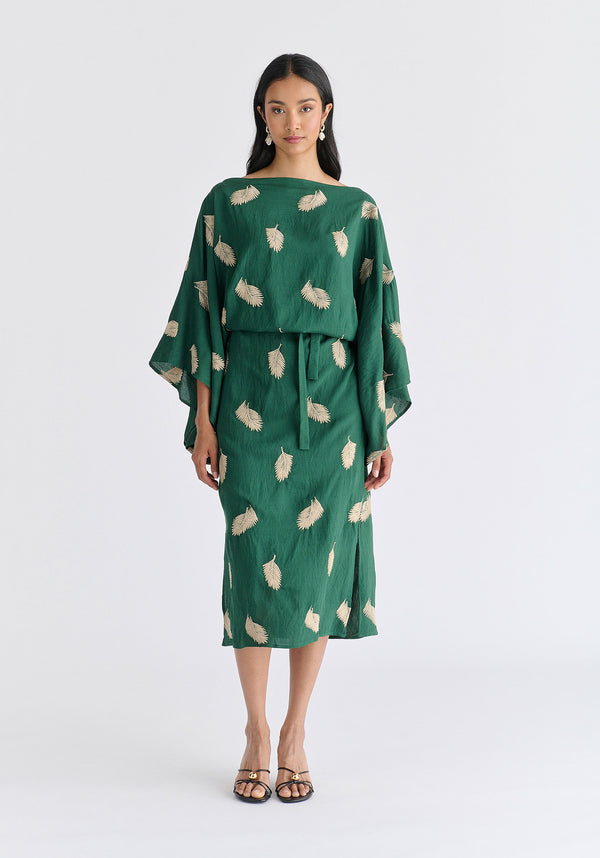 Leaf Embroidered Kimono Sleeves Midi Dress in Green Front