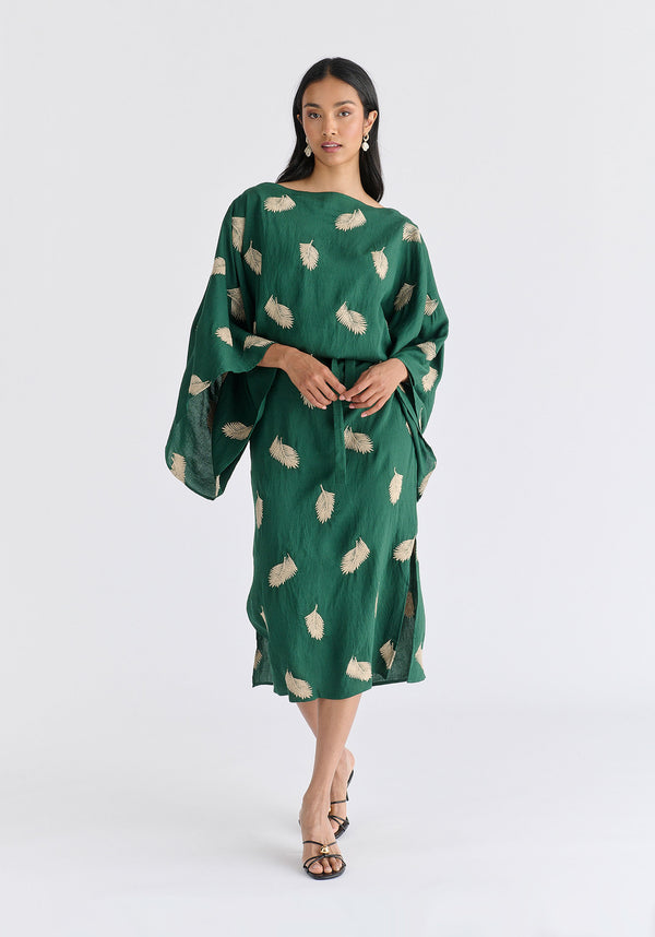 Leaf Embroidered Kimono Sleeves Midi Dress in Green Front