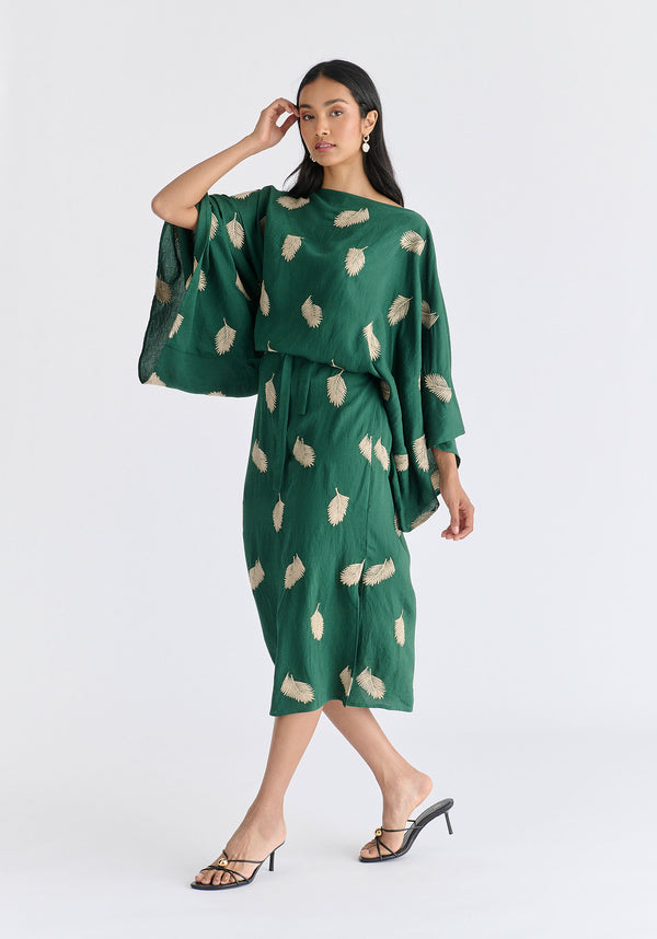 Leaf Embroidered Kimono Sleeves Midi Dress in Green Side