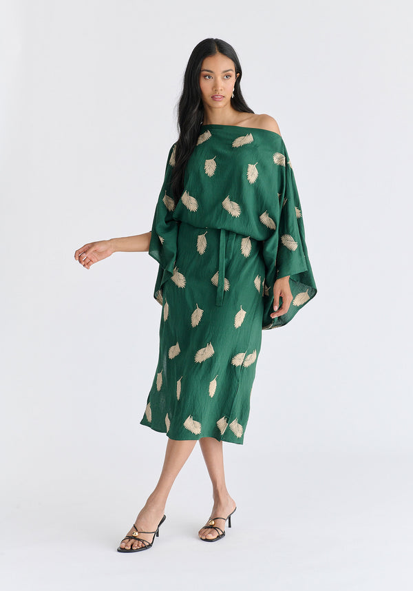 Leaf Embroidered Kimono Sleeves Midi Dress in Green Front