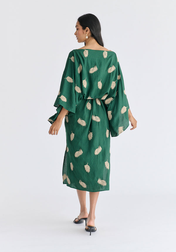 Leaf Embroidered Kimono Sleeves Midi Dress in Green Back
